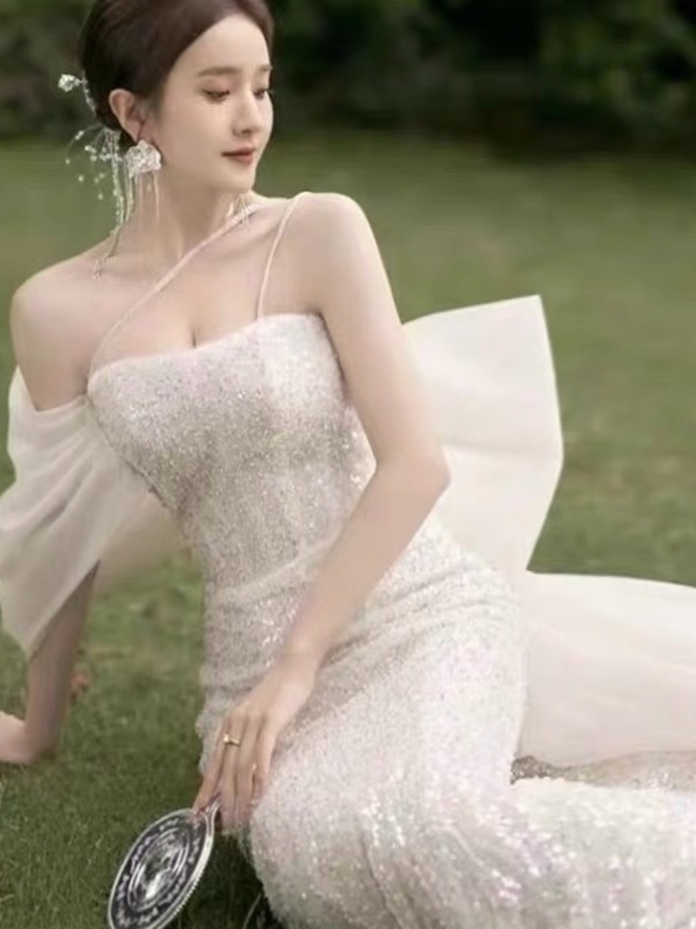 Elegant White Sequin Evening Gown with Sheer Cape